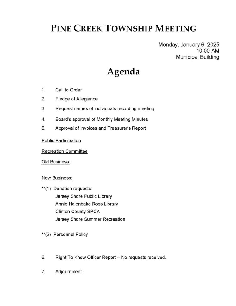 January 2025 Meeting Agenda Pine Creek Township